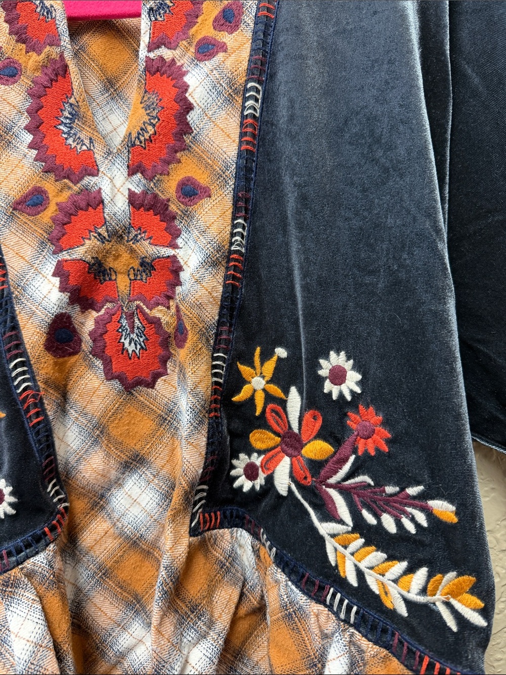 THML medium Boho Embroidered Layered Tunic Top - Black & Orange Plaid - Picture 2 of 4
